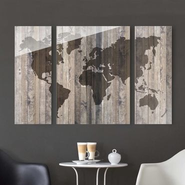 Obraz na szkle 3-częściowy - Mapa świata z drewna