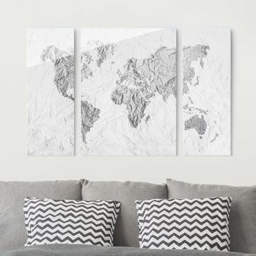 Obraz na szkle 3-częściowy - Papierowa mapa świata biała szara