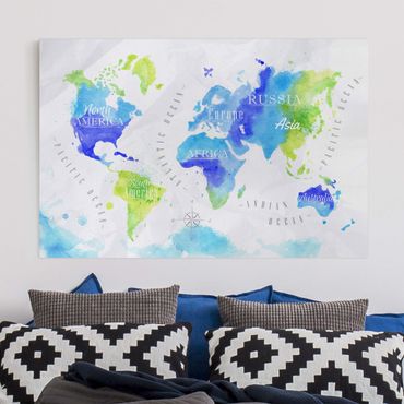 Obraz na płótnie - Mapa świata akwarela niebiesko-zielona