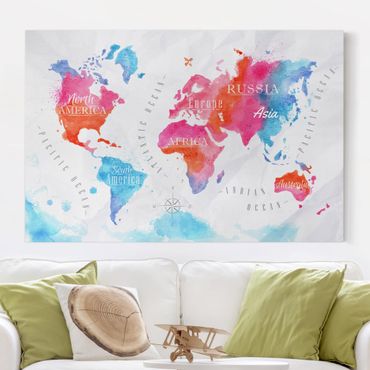 Obraz na płótnie - Mapa świata akwarela czerwona niebieska