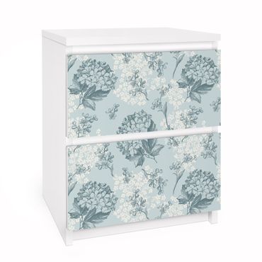 Okleina meblowa IKEA - Malm komoda, 2 szuflady - Wzór hortensji w kolorze niebieskim