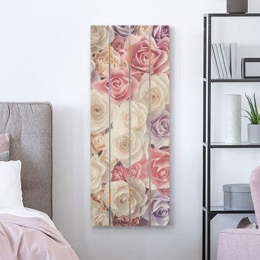 Obraz z drewna - Pastelowe papierowe róże artystyczne