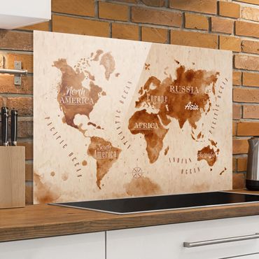 Panel szklany do kuchni - Mapa świata akwarela beżowo-brązowa