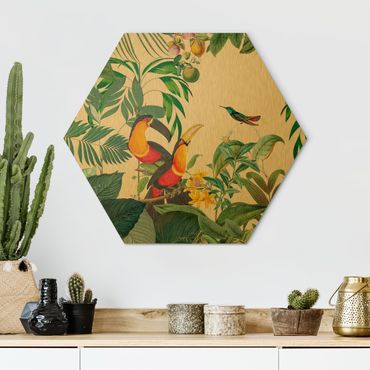 Obraz heksagonalny z Alu-Dibond - Kolaże w stylu vintage - Ptaki w dżungli