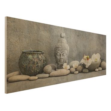 Obraz z drewna - Budda Zen z białymi orchideami