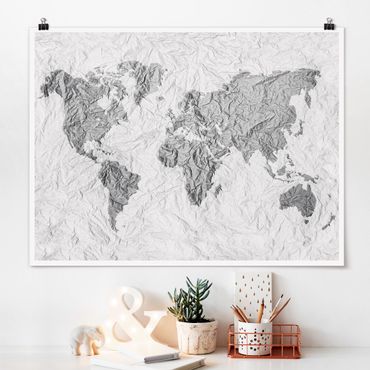 Plakat - Papierowa mapa świata biała szara
