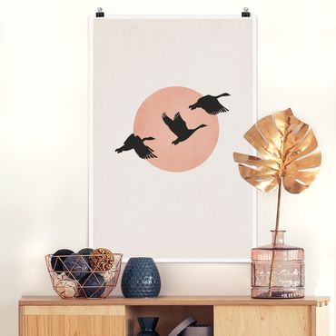 Plakat - Ptaki na tle różowego słońca III