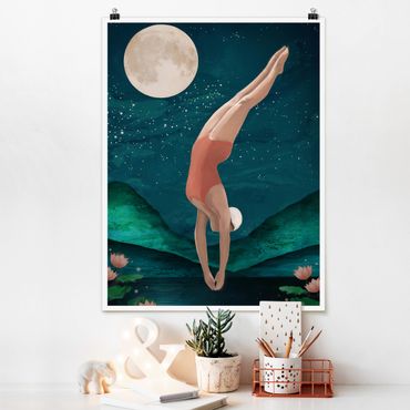 Plakat - Ilustracja kąpiącej się kobiety Księżyc malarstwo