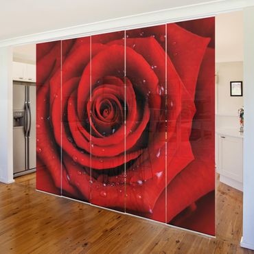 Zasłony panelowe zestaw - Róża czerwona z kroplami wody
