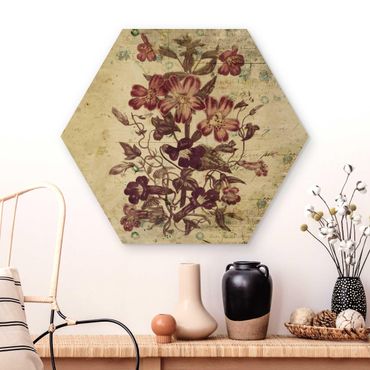 Obraz heksagonalny z drewna - Wzór kwiatowy w stylu vintage