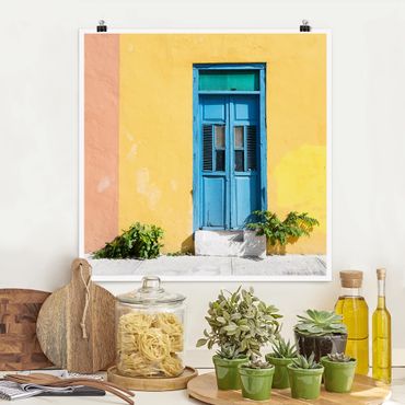 Plakat - Kolorowa ściana Niebieskie drzwi