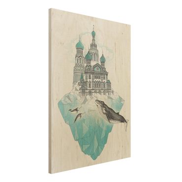 Obraz z drewna - Ilustracja kościoła z kopułami i wielorybem