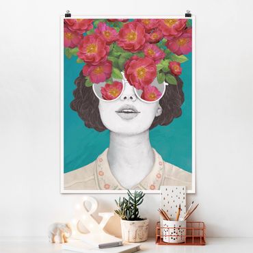Plakat - Ilustracja portret kobiety Kolaż z kwiatami Okulary