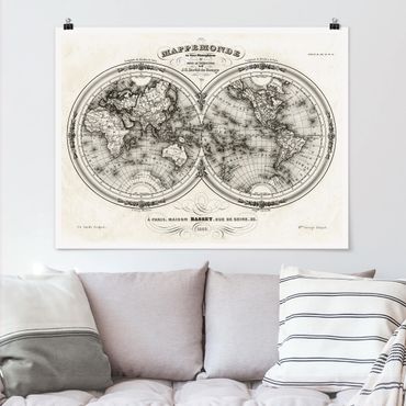 Plakat - Mapa świata - francuska mapa półkul z 1848 r.