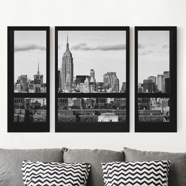 Obraz na płótnie 3-częściowy - Okna z widokiem na panoramę Nowego Jorku czarno-białe