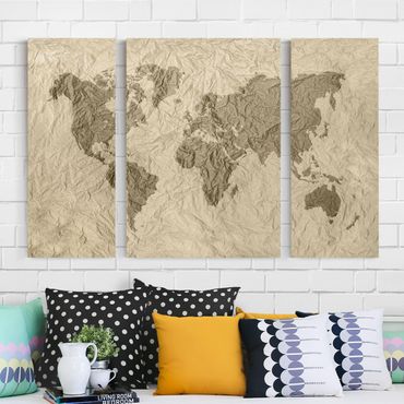 Obraz na płótnie 3-częściowy - Papierowa mapa świata beżowo-brązowa