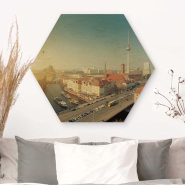 Obraz heksagonalny z drewna - Berlin o poranku