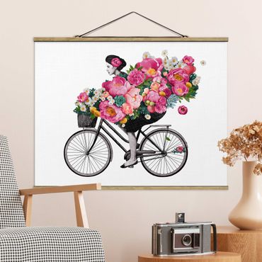 Plakat z wieszakiem - Ilustracja Kobieta na rowerze Kolaż kolorowych kwiatów