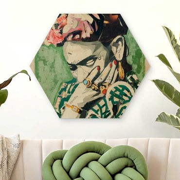 Obraz heksagonalny z drewna - Frida Kahlo - kolaż Nr 3