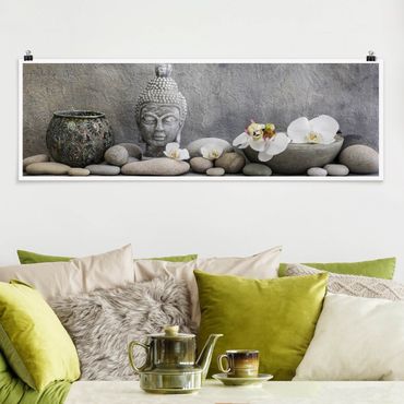 Plakat - Budda Zen z białymi orchideami