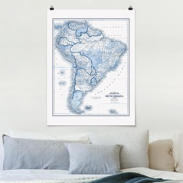 Plakat - Mapa w odcieniach błękitu - Ameryka Południowa