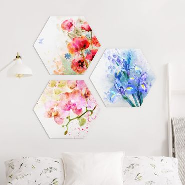 Obraz heksagonalny z Forex 3-częściowy - Akwarela Trio kwiatowe