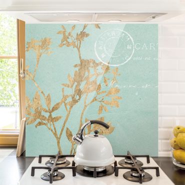 Panel szklany do kuchni - Złote liście na turkusie I
