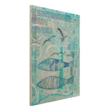 Obraz z drewna - Kolorowy kolaż - Niebieskie rybki