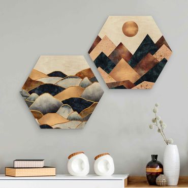 Obraz heksagonalny z drewna 2-częściowy - Geometry i Góry Złote Akwarela