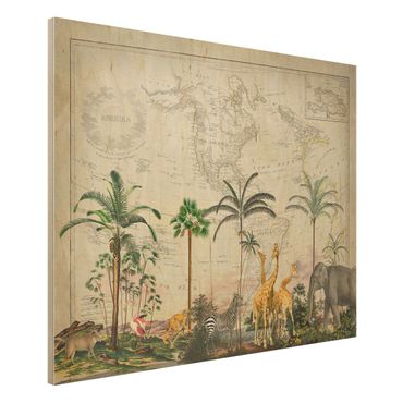 Obraz z drewna - Kolaże w stylu vintage - Świat zwierząt na mapie świata