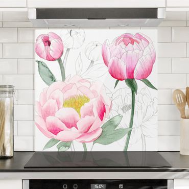 Panel szklany do kuchni - Rysowanie różowych peonii II