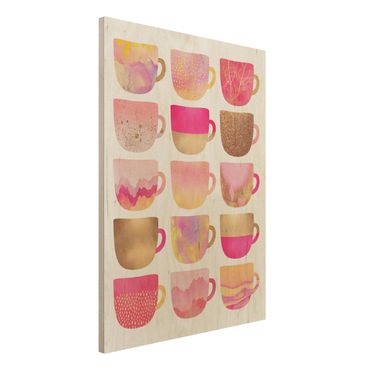 Obraz z drewna - Złote filiżanki z różowym motywem