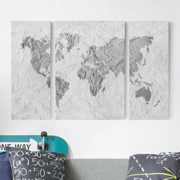 Obraz na płótnie 3-częściowy - Papierowa mapa świata biała szara
