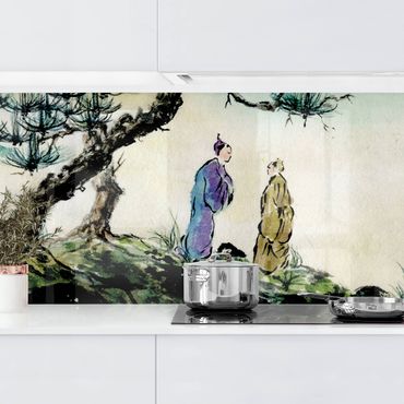 Panel ścienny do kuchni - Japońska akwarela Drzewo sosnowe i górska wioska