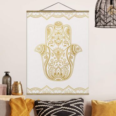 Plakat z wieszakiem - Hamsa Ilustracja ręczna białe złoto
