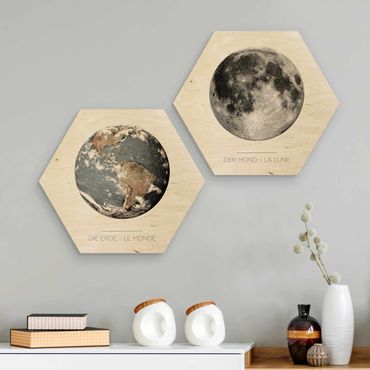 Obraz heksagonalny z drewna 2-częściowy - Księżyc i Ziemia
