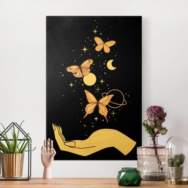 Złoty obraz na płótnie - Magiczna dłoń - motyle różowe