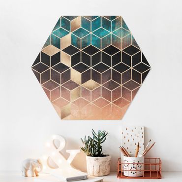 Obraz heksagonalny z Forex - Turkusowa róża Złota geometria