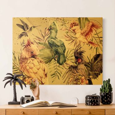 Złoty obraz na płótnie - Ptaki tropikalne - Kolorowe kakadu i kolibry