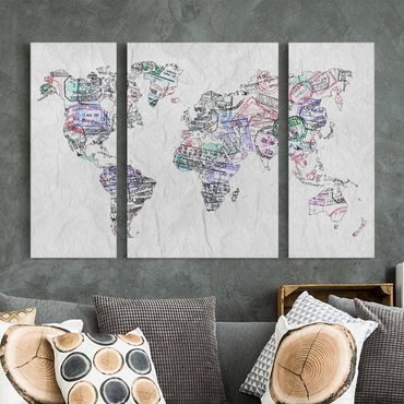 Obraz na płótnie 3-częściowy - Mapa świata z pieczątką paszportową