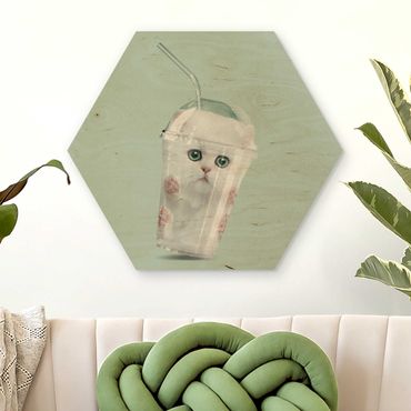 Obraz heksagonalny z drewna - Trząśnij się z kotem