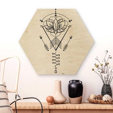 Obraz heksagonalny z drewna - Lotus Unalome ze strzałkami
