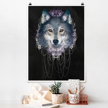 Plakat - Ilustracja wilka z boho łowcą snów Czarna
