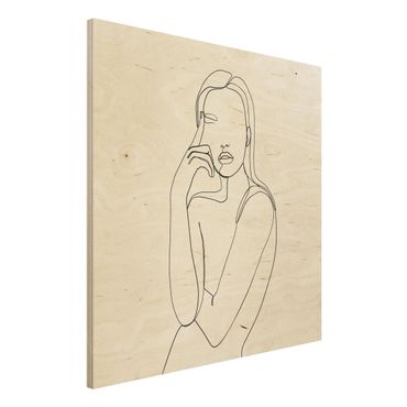 Obraz z drewna - Line Art Kobieta zamyślona czarno-biały