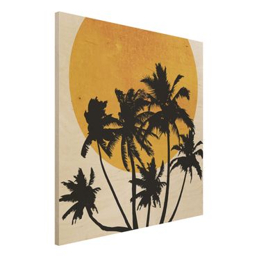 Obraz z drewna - Palmy na tle złotego słońca