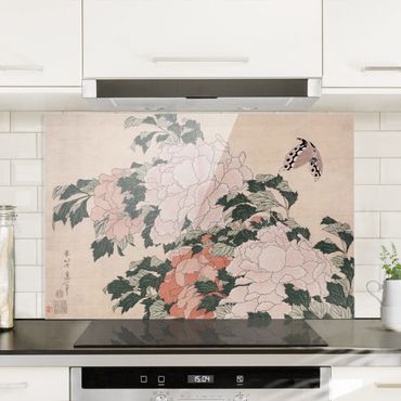 Panel szklany do kuchni - Katsushika Hokusai - Różowe piwonie z motylem