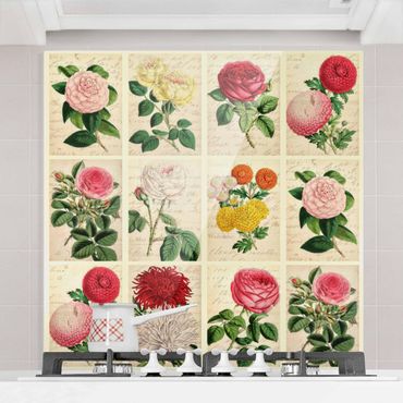Panel szklany do kuchni - Kolaż z kwiatami w stylu vintage