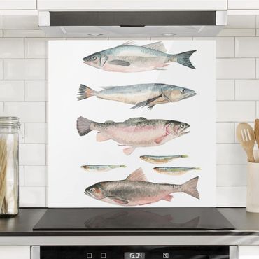 Panel szklany do kuchni - Siedem rybek w akwareli I