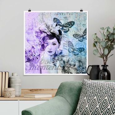 Plakat - Shabby Chic Kolaż - Portret z motylami