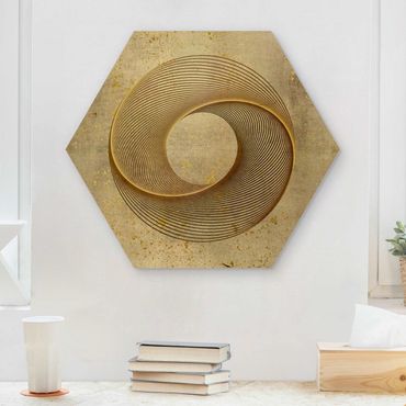 Obraz heksagonalny z drewna - Koło sztuki liniowej Spirala złota